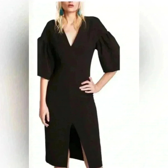 Zara Dresses & Skirts - Zara Black Fitted Puff Sleeves Slit In Front Zip Back Dress Size Small